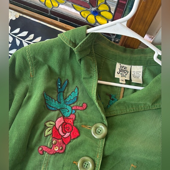 🌹 Ivy Jane Green Corduroy Embroidered Blazer Jacket Boho Western Love Bird M - Picture 4 of 9